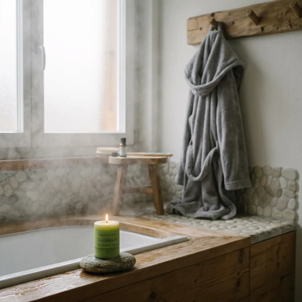 Wellness zuhause: Grüne Duftkerze auf Badewannenrand, grauer Bademantel an Holzhaken, kleines Fläschchen Duftöl auf Hocker.