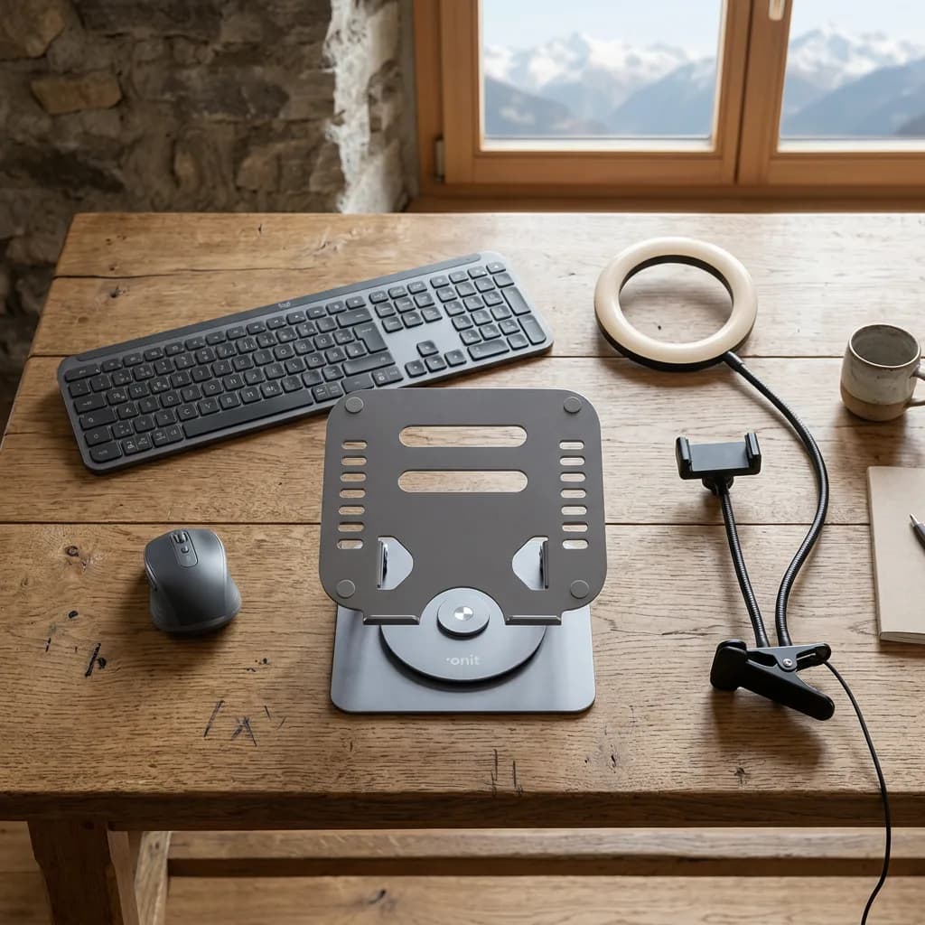 Home-Office Starter Set: Notebook-Ständer, Tastatur, Maus und LED-Ringlicht mit Klemmhalterung auf einem Holztisch vor einem Bergpanorama-Fenster.