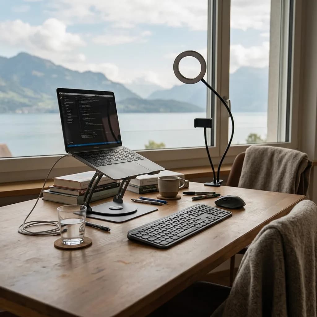 Home-Office Starter Set: Notebook auf Ständer, Tastatur, Maus und Ringlicht auf Holzschreibtisch vor Fenster mit Seeblick.