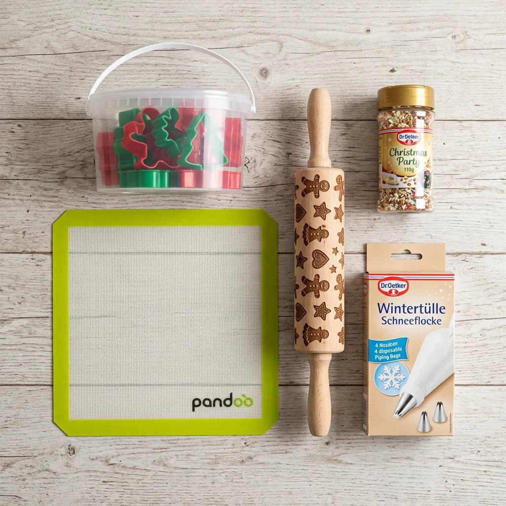 Guetzli backen: Silikon-Backmatte, rote und grüne Ausstechformen in Box, Nudelholz mit Weihnachtsmotiven, Streudekor und Wintertülle auf Holzuntergrund.
