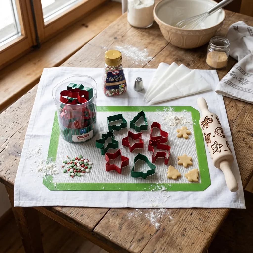 Guetzli backen: Silikon-Backmatte mit roten und grünen Weihnachts-Ausstechern, ausgestochenen Teigformen, Streudekor, Spritzbeuteln, Nudelholz und Zuckerstreus…