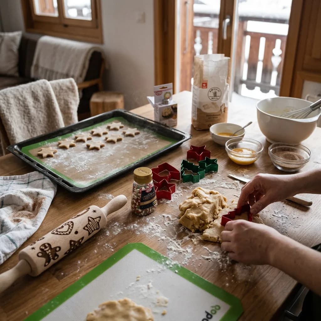 Guetzli backen: Hände stechen mit roten Ausstechern Teig aus, daneben Nudelholz, Streudekor, Silikon-Backmatte und Backblech mit Sternguetzli.