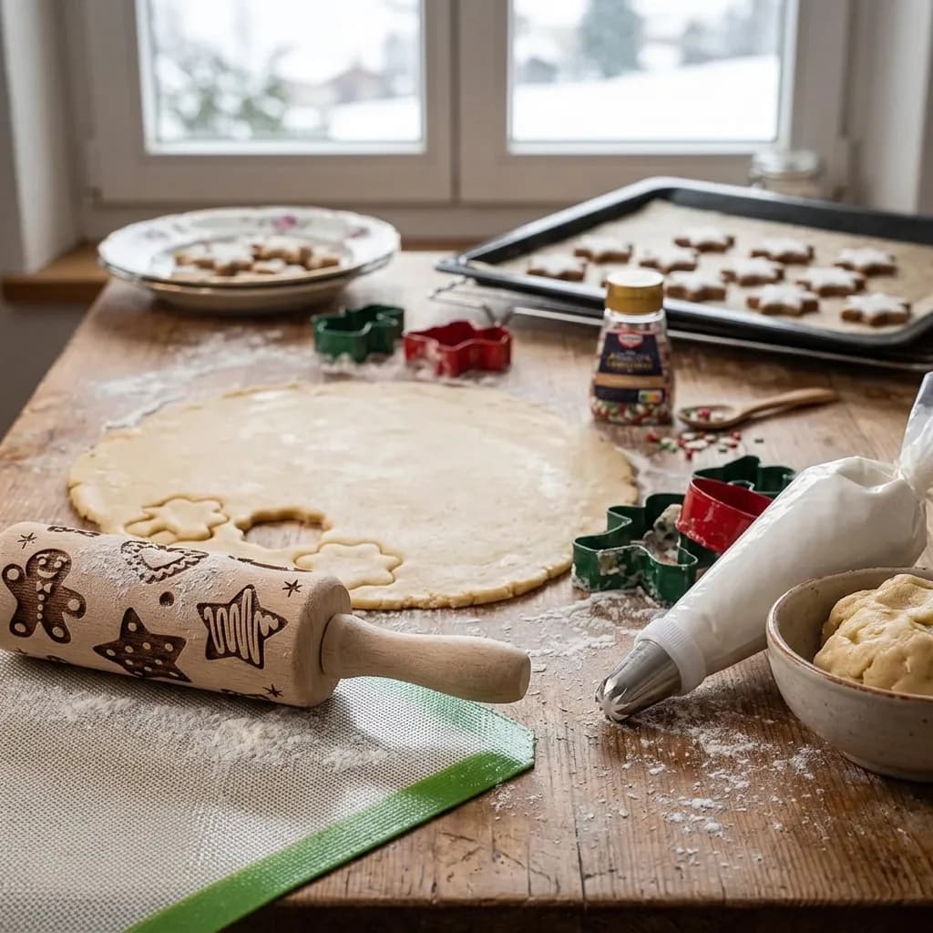 Guetzli backen: Holztisch mit ausgerolltem Teig, Weihnachts-Ausstechern, graviertem Nudelholz, Silikon-Backmatte, Spritzbeutel, Streudekor und Backblech mit Gu…