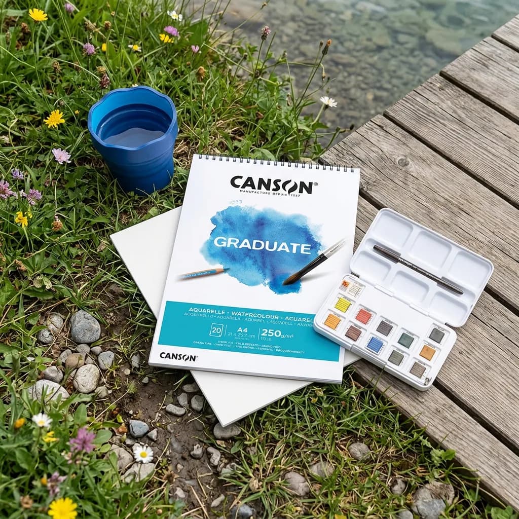 Aquarell malen: Aquarellblock, geöffnete Aquarellfarb-Box mit 12 Näpfchen und blauer Wasserbecher auf Holzsteg neben Wiese.