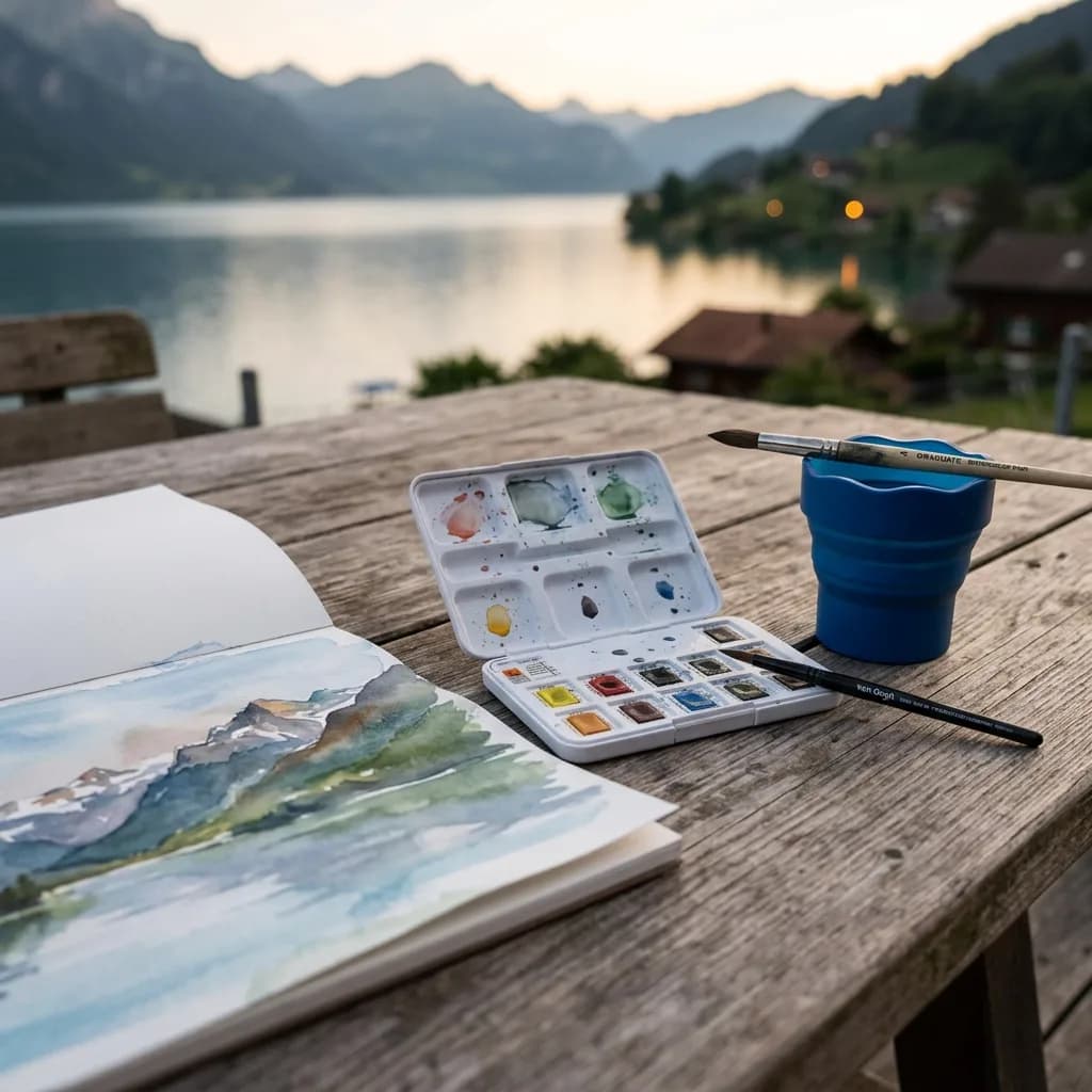 Aquarell malen: Aquarellfarb-Pocket-Box, Aquarellblock mit Berglandschaft und Wasserbecher mit Pinsel auf Holztisch vor Bergsee.