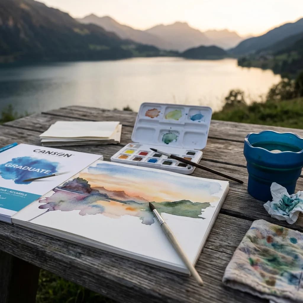Aquarell malen: Aquarellblock, Farbkasten mit 12 Näpfchen, Wasserbecher und Pinsel auf Holztisch vor Bergsee bei Sonnenuntergang.