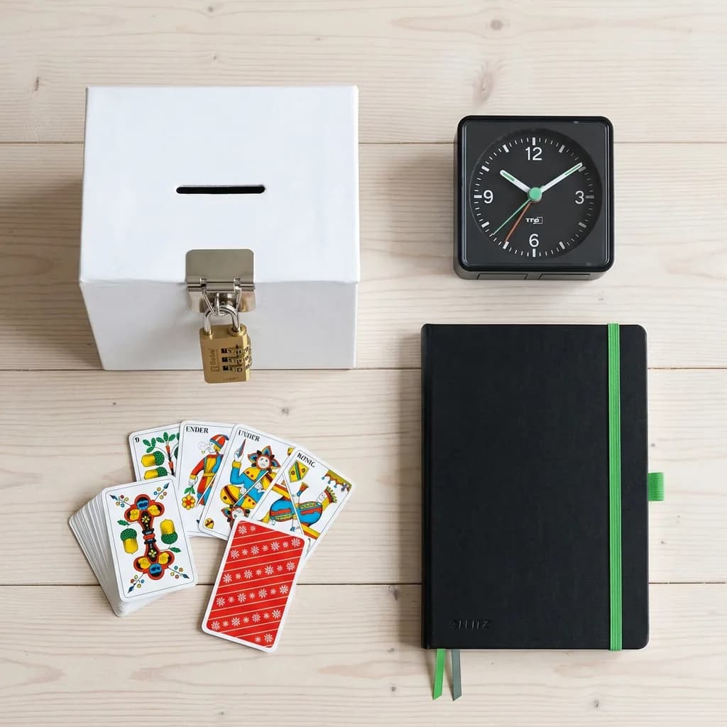 Digital-Detox-Wochenende: Weisse Spardose mit Zahlenschloss, schwarzer Wecker, schwarzes Notizbuch mit grünem Gummiband und Jass-Karten auf Holzuntergrund.