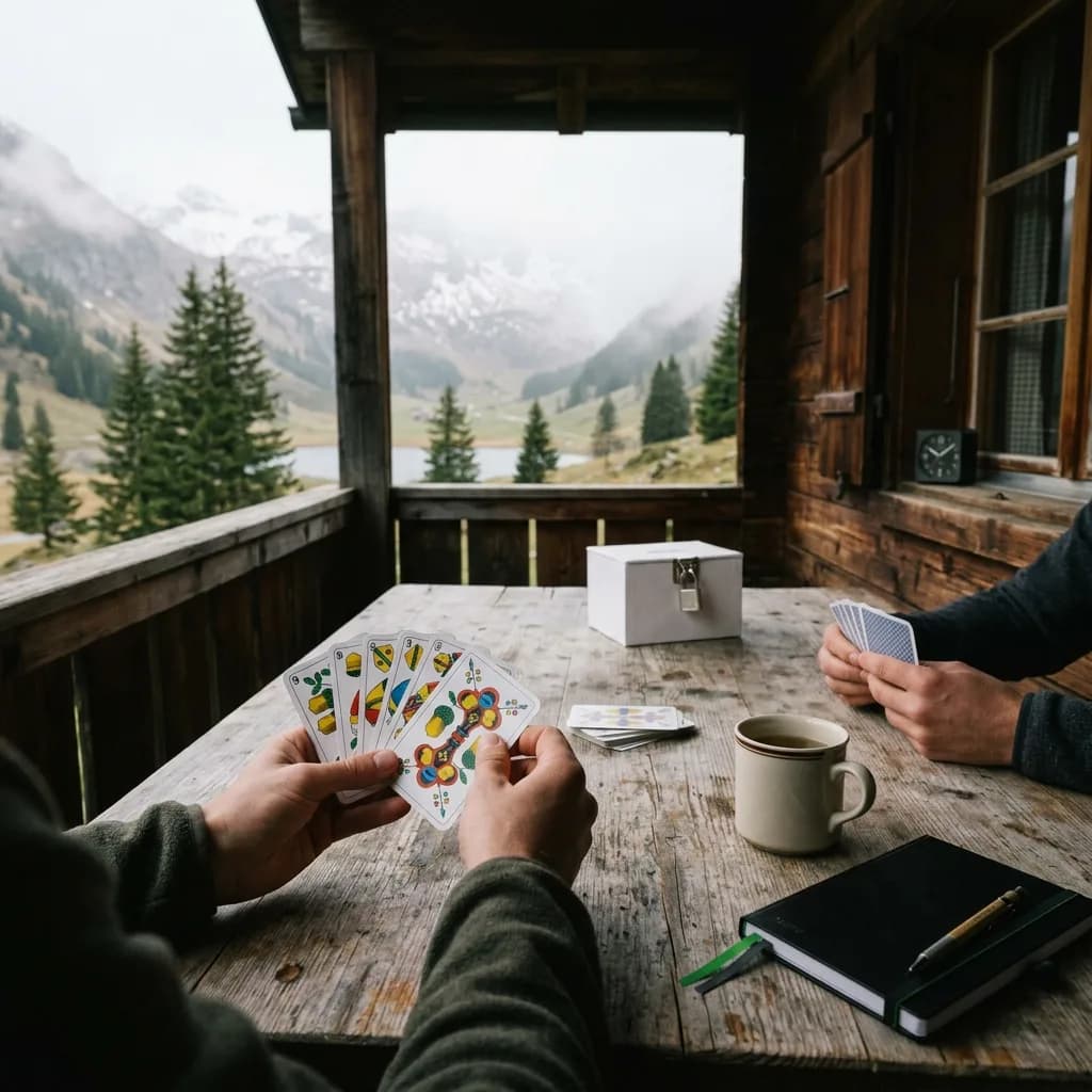 Digital-Detox-Wochenende: Zwei Personen spielen Jass-Karten auf einer Alphütten-Terrasse, daneben Spardose mit Schloss, Notizbuch, Tasse und Wecker.