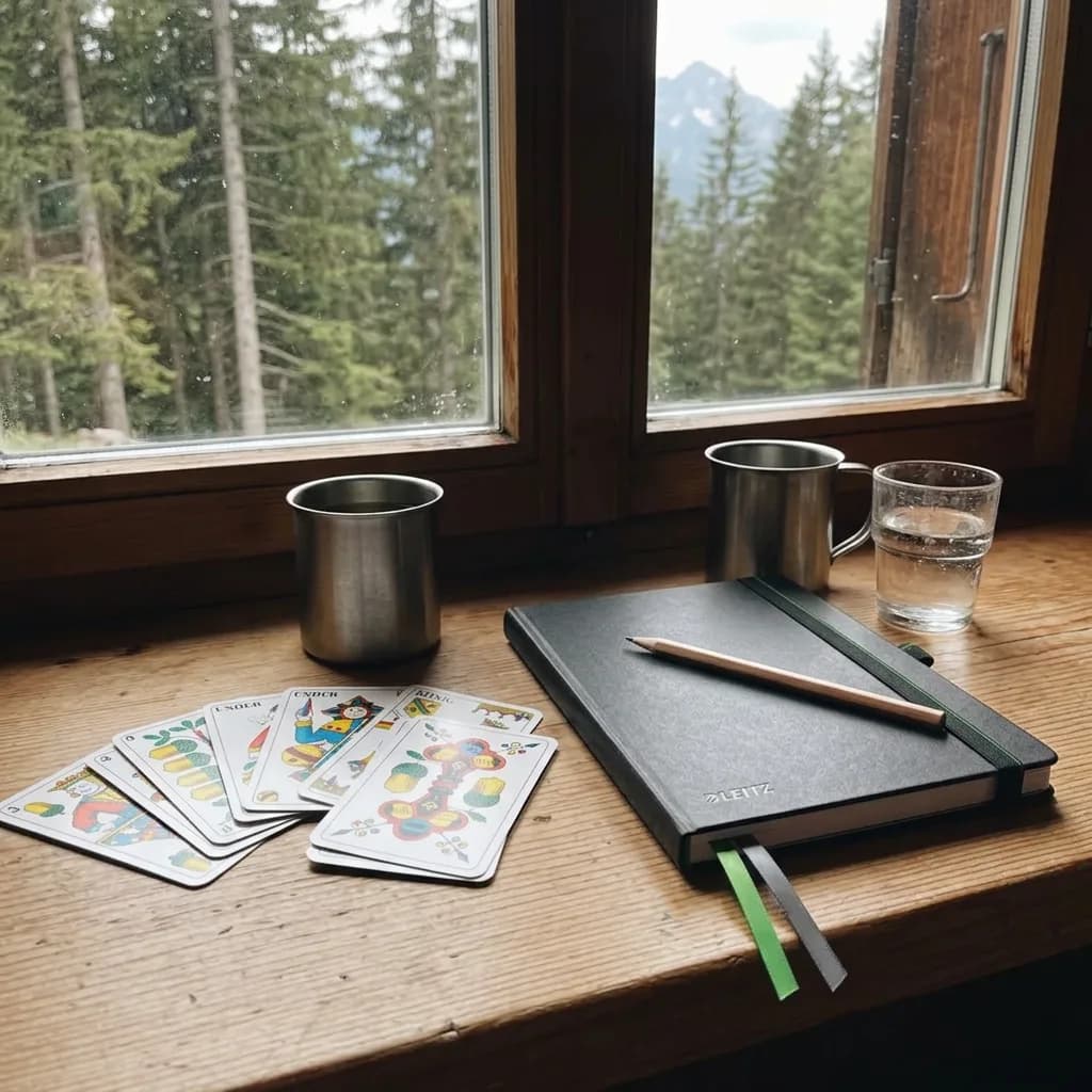 Digital-Detox-Wochenende: Jass-Karten, schwarzes Notizbuch mit Stift, zwei Metallbecher und ein Wasserglas auf Holzfensterbank vor Bergwald.