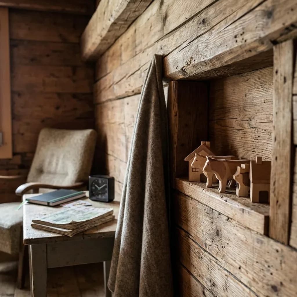 Digital-Detox-Wochenende: Rustikale Holzhütte mit Sessel, schwarzem Wecker, kariertem Notizbuch und Jasskarten auf einem Holztisch.