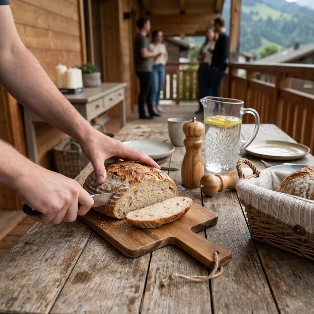 Einweihungsgeschenk: Hände schneiden Brot auf Schneidebrett, daneben Salz- und Pfeffermühle, Glaskrug und Brotkorb auf Holztisch einer Terrasse.