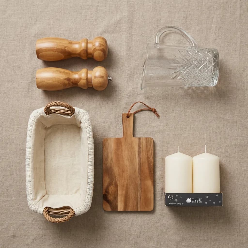 Einweihungsgeschenk: Bambus-Salz- und Pfeffermühle, Glaskrug, Brotkorb, Holzschneidebrett und zwei Stumpenkerzen auf beigem Untergrund.