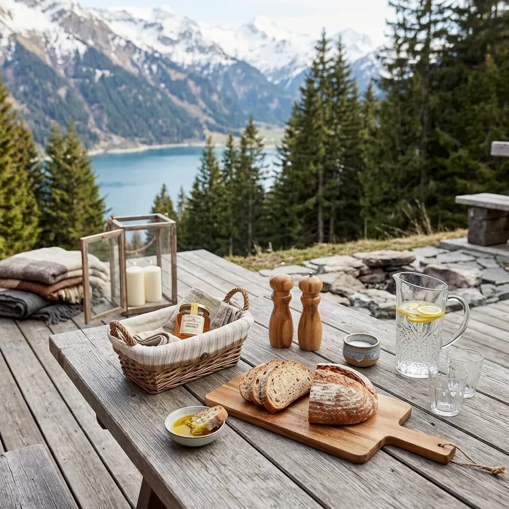 Einweihungsgeschenk: Schneidebrett mit Brot, Brotkorb, Salz- und Pfeffermühlen, Glaskrug mit Zitrone und Stumpenkerzen auf Holztisch, Alpenpanorama.