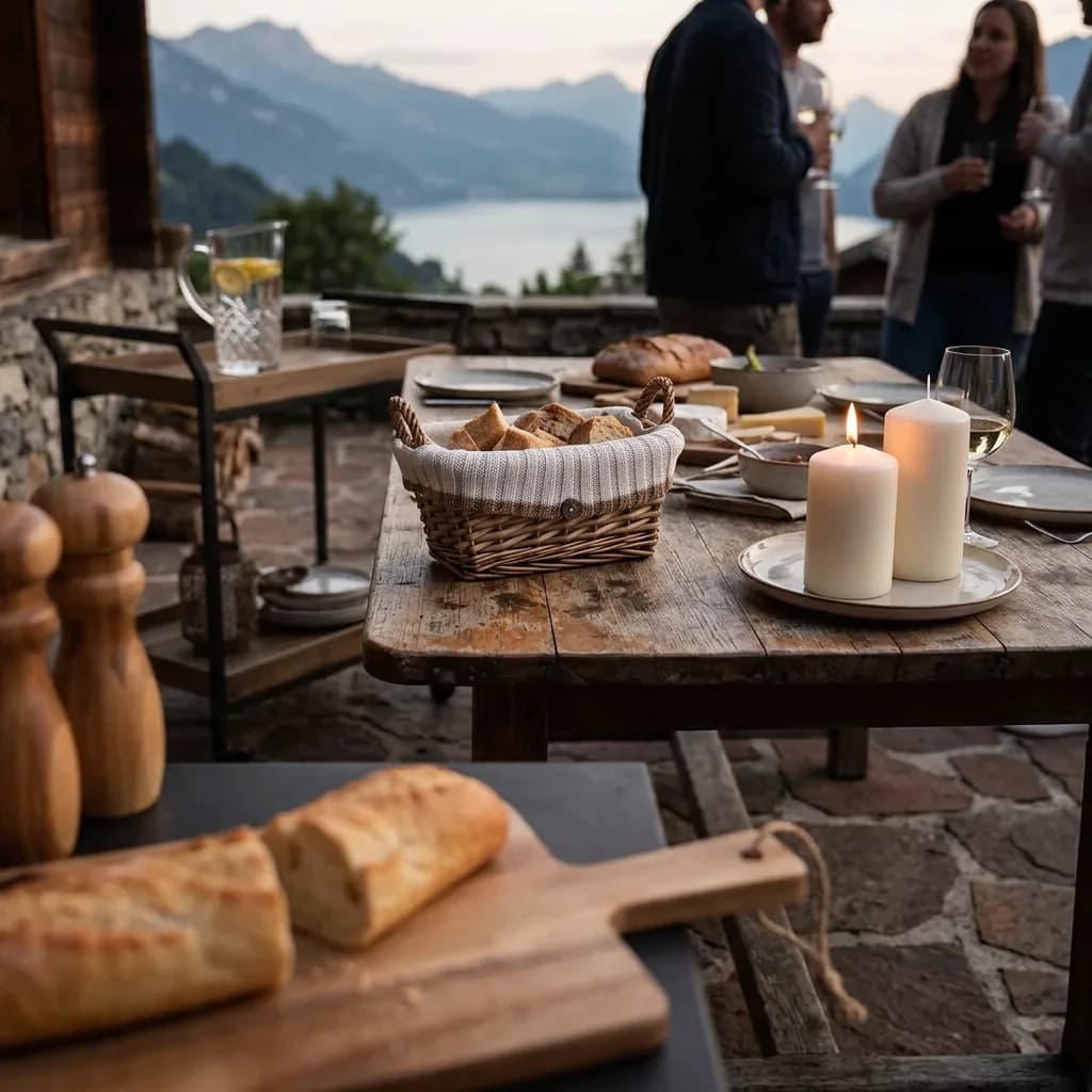 Einweihungsgeschenk: Schneidebrett mit Brot, Salz- und Pfeffermühlen, Brotkorb, Stumpenkerzen auf Terrasse mit Bergsee-Panorama.