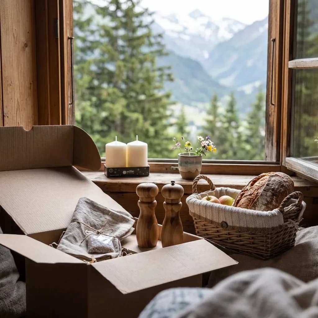 Einweihungsgeschenk: Karton mit Salz- und Pfeffermühle aus Holz, Brotkorb mit Brot und Äpfeln, zwei Stumpenkerzen, vor Bergpanorama.