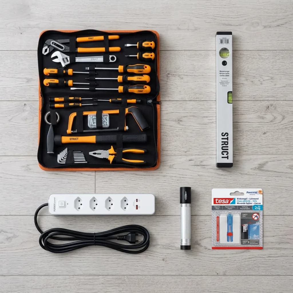 Erste eigene Wohnung: Werkzeug-Set in Tasche, Wasserwaage, Steckdosenleiste, Taschenlampe und Klebenagel auf hellem Holzboden.