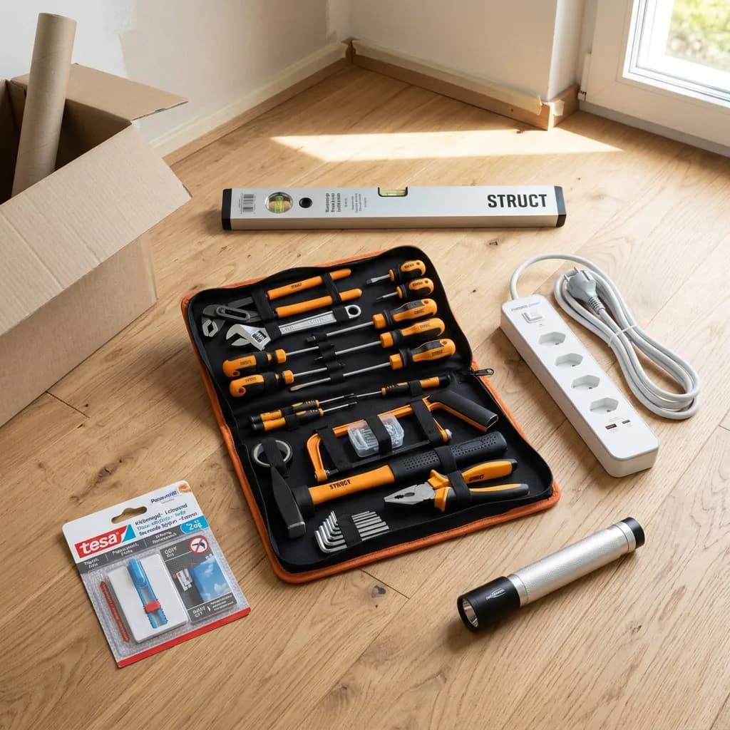 Erste eigene Wohnung: Werkzeug-Set in Tasche, Wasserwaage, Steckdosenleiste, Taschenlampe und Klebenagel auf Holzboden.