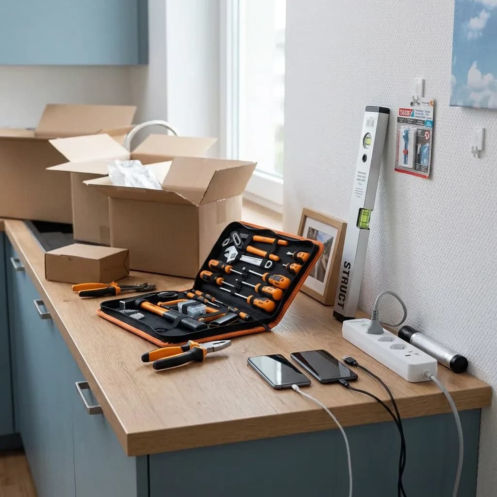 Erste eigene Wohnung: Werkzeug-Set, Wasserwaage und Klebenagel an Wand, Steckdosenleiste mit Taschenlampe und Smartphones auf Küchenarbeitsplatte.