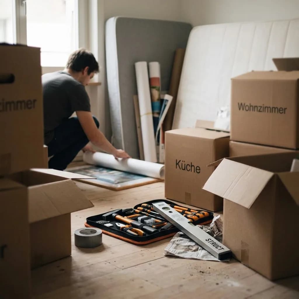 Erste eigene Wohnung: Person packt Umzugskartons aus, im Vordergrund Werkzeug-Set und Wasserwaage auf Holzboden.