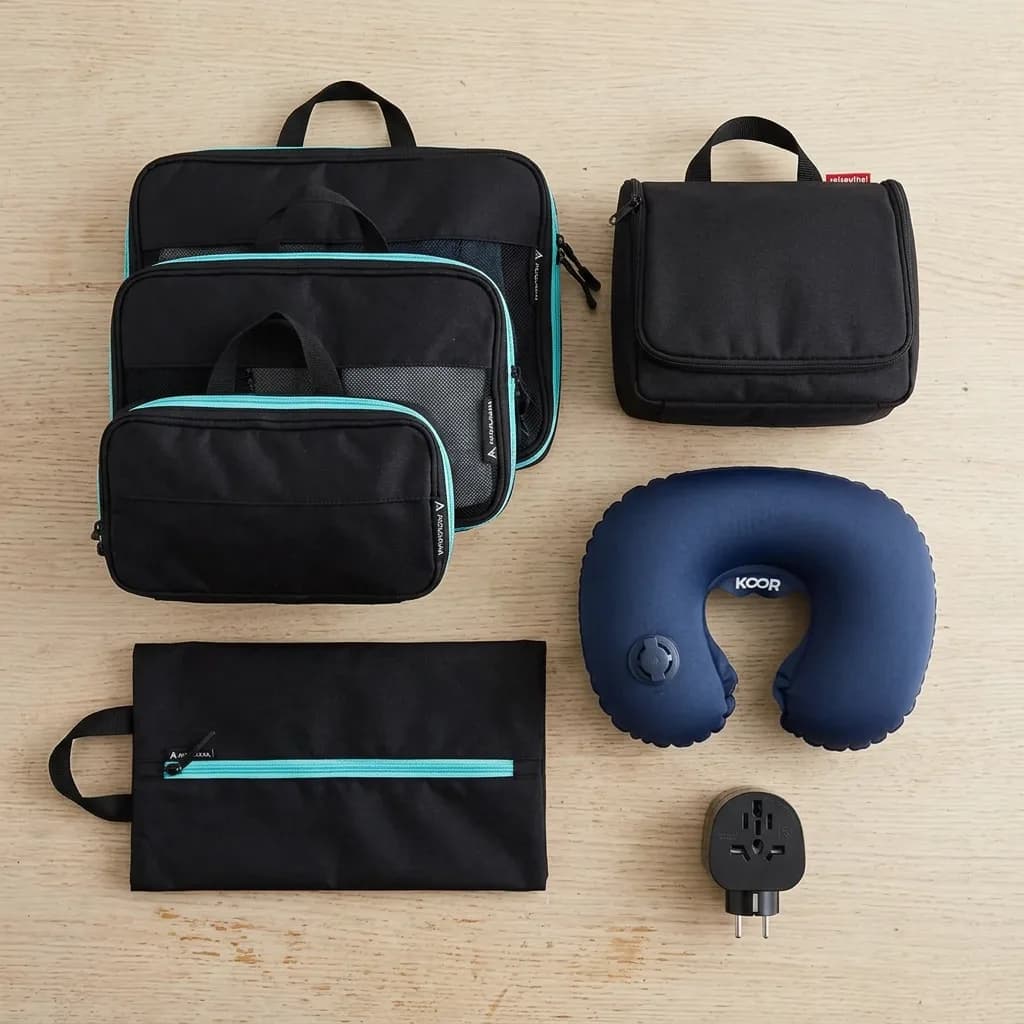 Handgepäck-Profi: 4 schwarze Packwürfel mit türkisen Reissverschlüssen, schwarze Kulturtasche, blaues Nackenkissen und Reiseadapter auf Holzuntergrund.