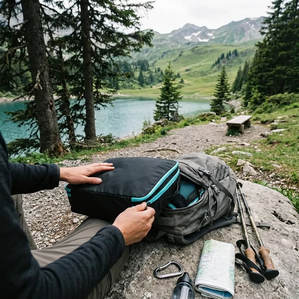 Handgepäck-Profi: Hände öffnen schwarzen Kompressions-Packwürfel mit türkisem Reissverschluss, daneben Rucksack, Wanderstöcke und Karte auf Fels vor Bergsee.