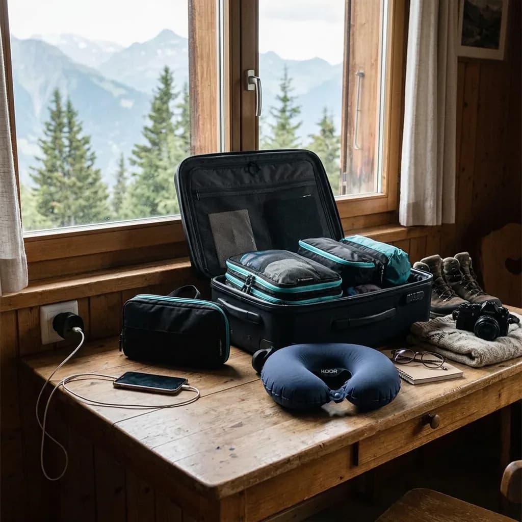 Handgepäck-Profi: Offener Koffer mit Kompressions-Packwürfeln, Necessaire, Nackenkissen und Reiseadapter auf Holztisch vor Bergpanorama.