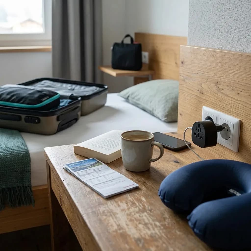 Handgepäck-Profi: Hotelzimmer mit offenem Koffer mit Packwürfeln, Nackenkissen, Reiseadapter in Steckdose, Necessaire und Reiseunterlagen.