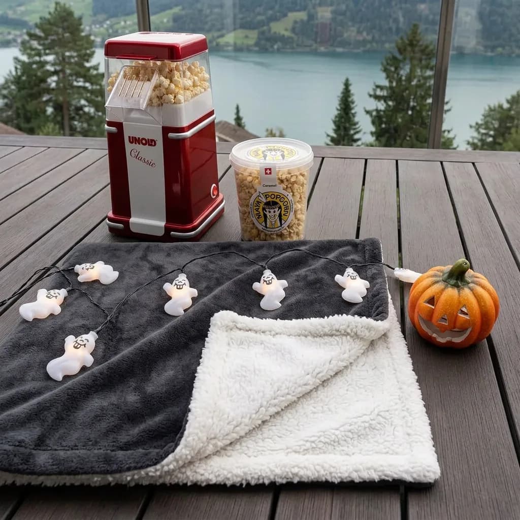 Halloween Filmabend: Popcornmaschine, Caramel-Popcorn, Fleece-Decke, Geister-Lichterkette und Kürbisfigur auf Holztisch vor Seepanorama.