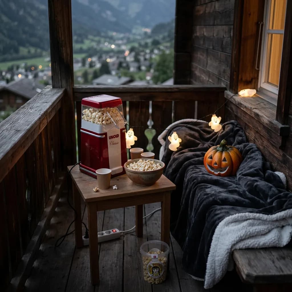 Halloween Filmabend: Popcornmaschine und Schüssel auf Holztisch, Geister-Lichterkette, Fleece-Decke, Kürbisfigur auf Balkon bei Dämmerung.