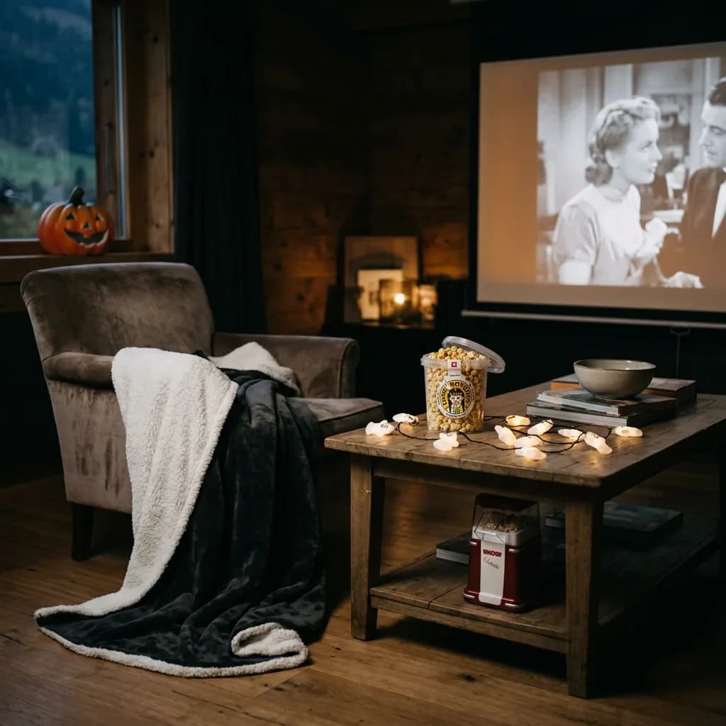 Halloween Filmabend: Sessel mit Fleece-Decke, Couchtisch mit Popcorn-Eimer, Geister-Lichterkette, Popcorn-Maschine, Kürbisfigur, Leinwand im Hintergrund.