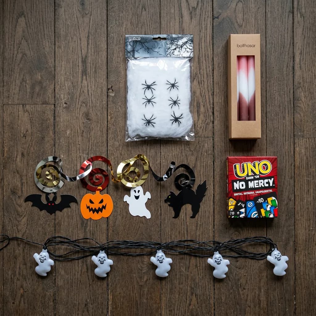 Halloween Party Deko: Spinnengewebe mit schwarzen Spinnen, Dip-Dye-Stabkerzen, Spiralgirlanden, UNO No Mercy Kartenspiel und Geister-Lichterkette auf Holzboden.