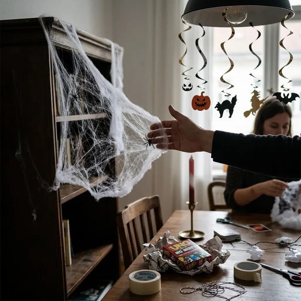 Halloween Party Deko: Hand befestigt weisses Spinnengewebe mit schwarzer Spinne an Regal; auf Tisch UNO-Kartenspiel, Lichterkette, Klebeband; hängend goldene S…