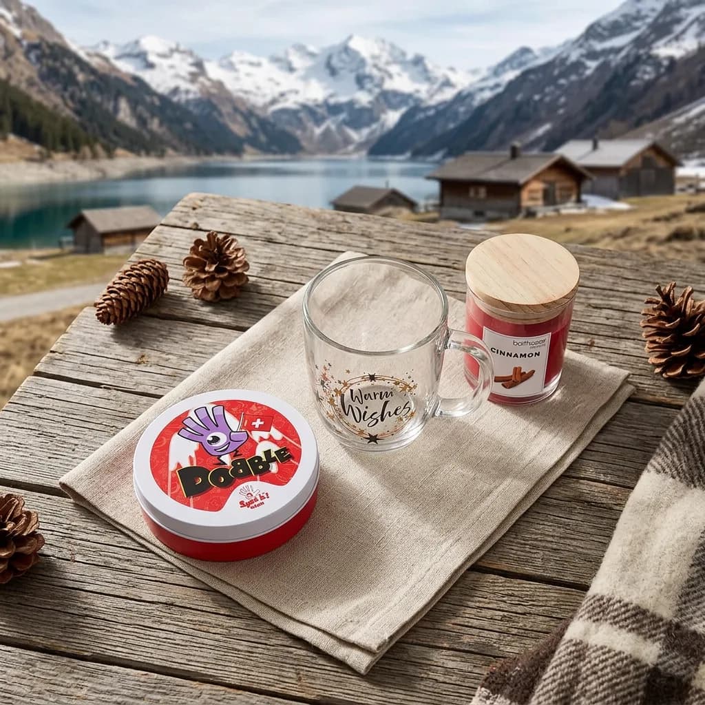 Wichtel-Geschenk unter 30: Kartenspiel in roter Dose, Glastasse mit Aufschrift "Warm Wishes" und Duftkerze Cinnamon auf Holztisch vor Bergpanorama.