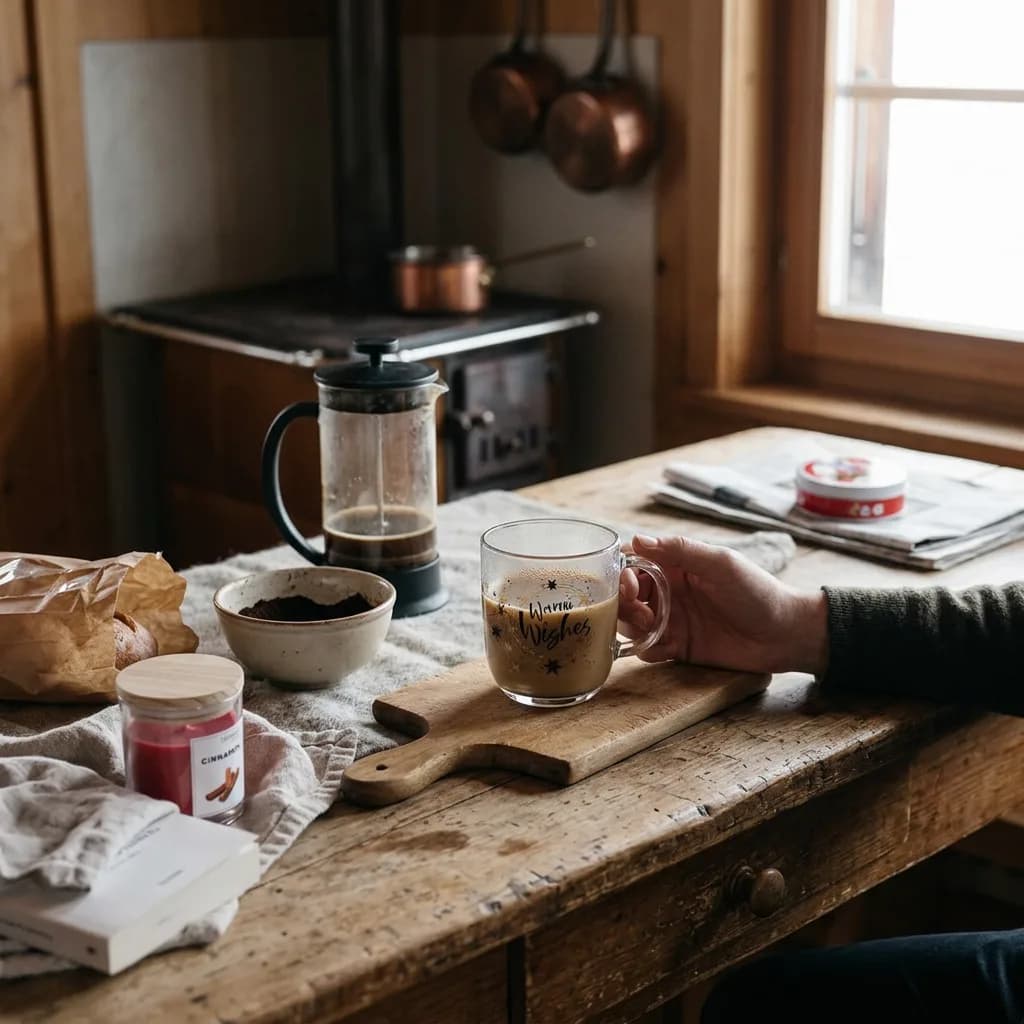 Wichtel-Geschenk unter 30: Hand hält Tasse «Warm Wishes», daneben Duftkerze Cinnamon und Kartenspiel-Dose auf rustikalem Holztisch.