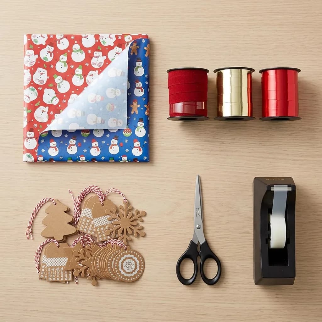 Geschenke verpacken wie ein Profi: Weihnachts-Geschenkpapier, drei Geschenkbänder in Rot/Gold, Kraftpapier-Anhänger, Schere und schwarzer Tischabroller auf Hol…