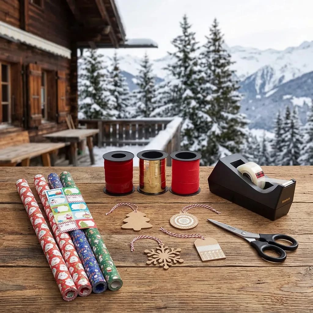 Geschenke verpacken wie ein Profi: 3 Geschenkpapierrollen, 3 Geschenkbänder, Anhänger, Schere, Tischabroller auf Holztisch vor Winterlandschaft.