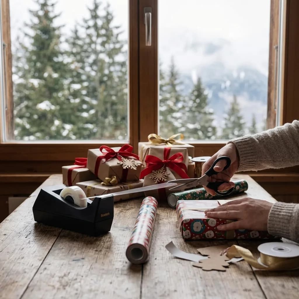 Geschenke verpacken wie ein Profi: Hände schneiden Geschenkband mit Schere, Tischabroller, Geschenkpapierrollen, verpackte Päckchen mit roten Schleifen und Anh…