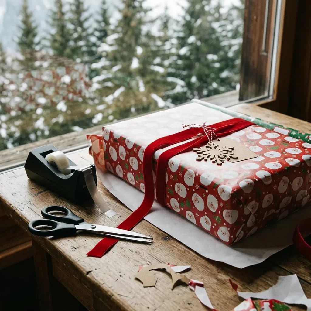 Geschenke verpacken wie ein Profi: Paket in Weihnachts-Geschenkpapier mit rotem Band und Anhänger, daneben Schere und schwarzer Tischabroller.
