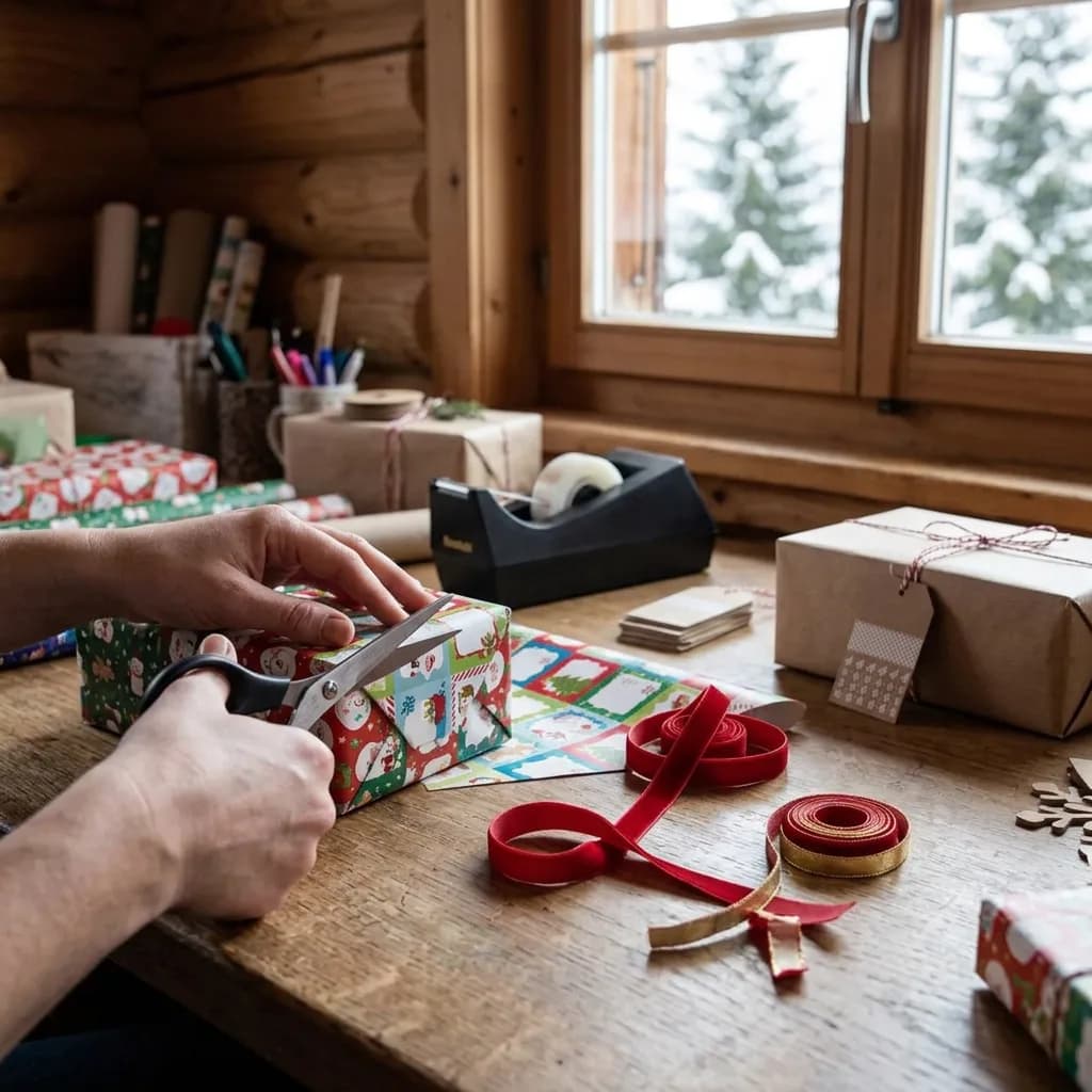 Geschenke verpacken wie ein Profi: Hände schneiden Weihnachts-Geschenkpapier mit Schere, daneben rote Bänder, Tischabroller, Geschenkanhänger und verpackte Pak…