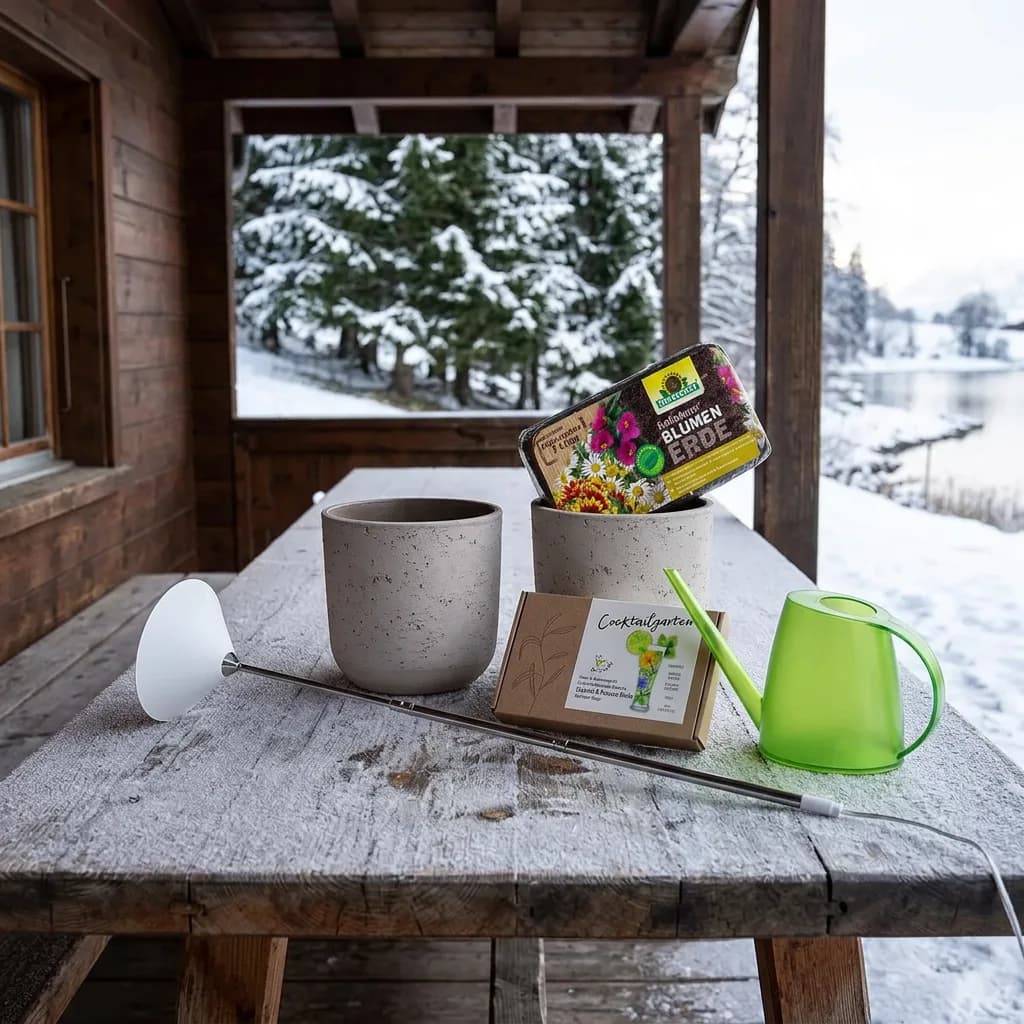Kräutergarten im Winter: Pflanzenleuchte, zwei graue Blumentöpfe, Blumenerde-Brikett, Kräuter-Saatgut und grüne Giesskanne auf schneebedecktem Holztisch.