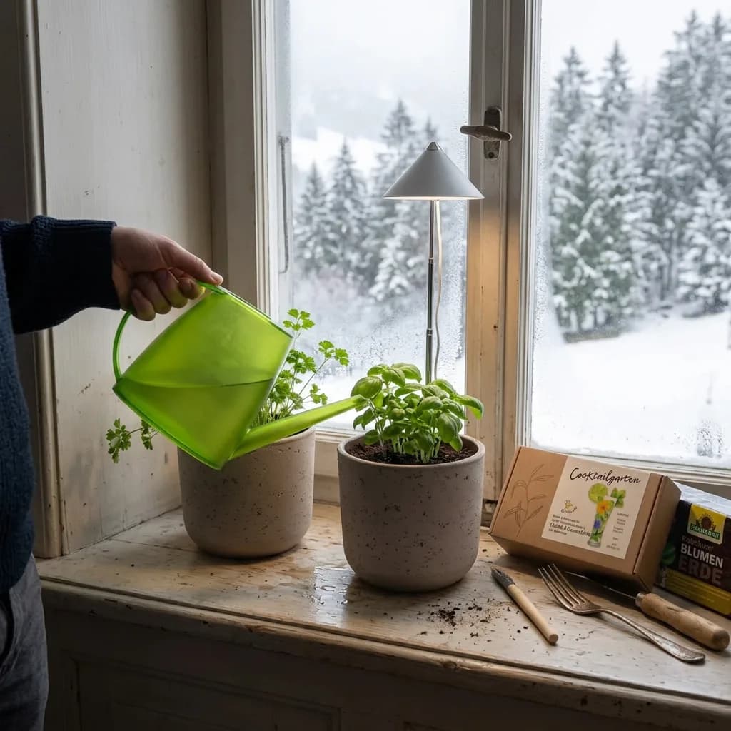 Kräutergarten im Winter: Hand giesst mit grüner Gisskanne Kräuter in grauen Blumentöpfen auf Fensterbrett, Pflanzenleuchte, Saatgut-Box und Blumenerde daneben.