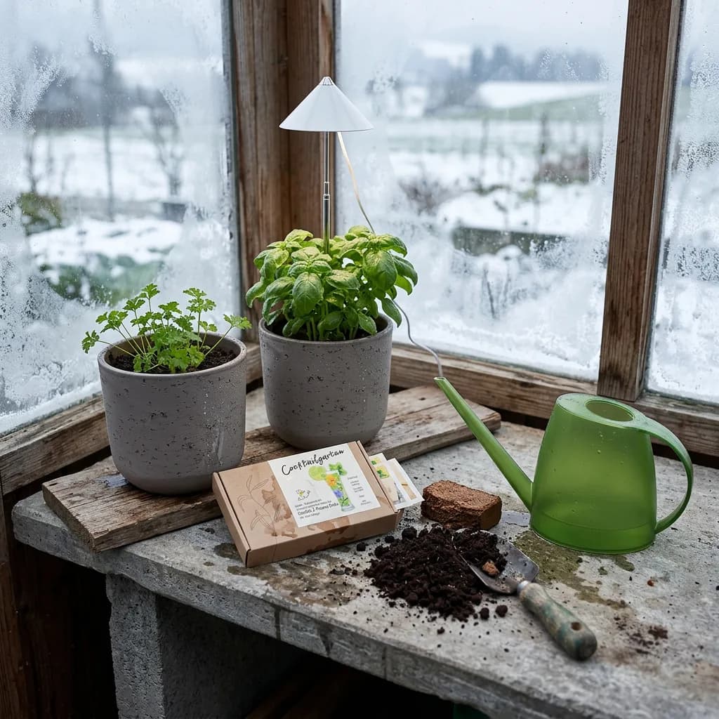 Kräutergarten im Winter: Zwei graue Blumentöpfe mit Kräutern, Pflanzenleuchte, grüne Giesskanne, Saatgut-Box, Erde-Brikett und Schaufel auf Fensterbrett, Schne…