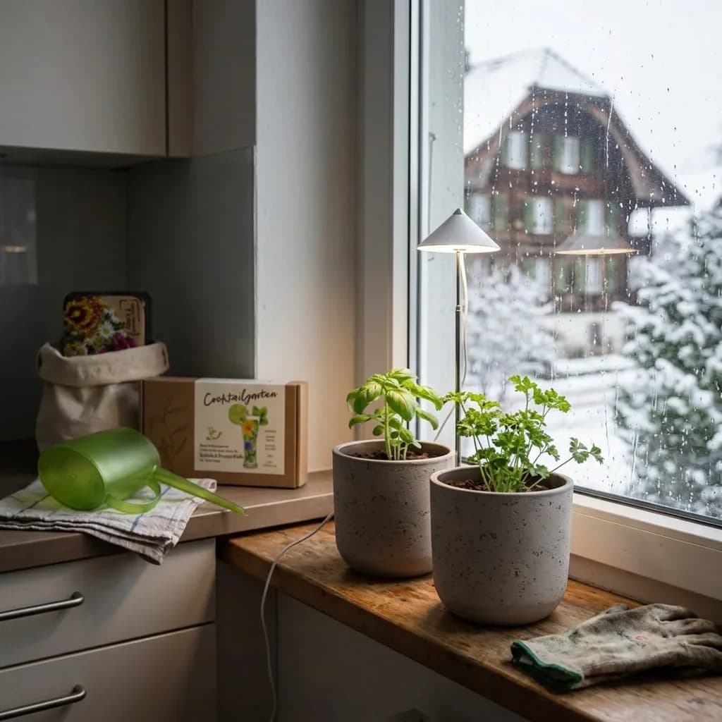 Kräutergarten im Winter: Zwei graue Blumentöpfe mit Kräutern auf Fensterbrett, Pflanzenleuchte, grüne Giesskanne und Cocktailgarten-Saatgutbox, Schnee draussen.