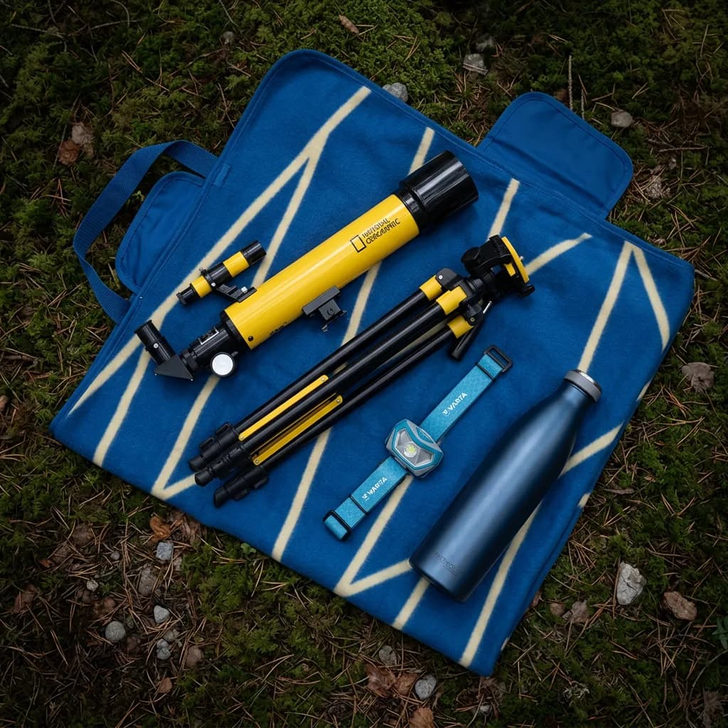 Sterne beobachten: Gelbes Teleskop mit schwarzem Stativ, hellblaue Stirnlampe und dunkelblaue Thermosflasche auf blauer Picknickdecke mit weissem Muster.