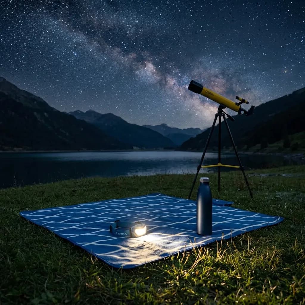 Sterne beobachten: Teleskop auf Stativ, blaue Picknickdecke mit Stirnlampe und Thermosflasche, Bergsee und Milchstrasse im Hintergrund.