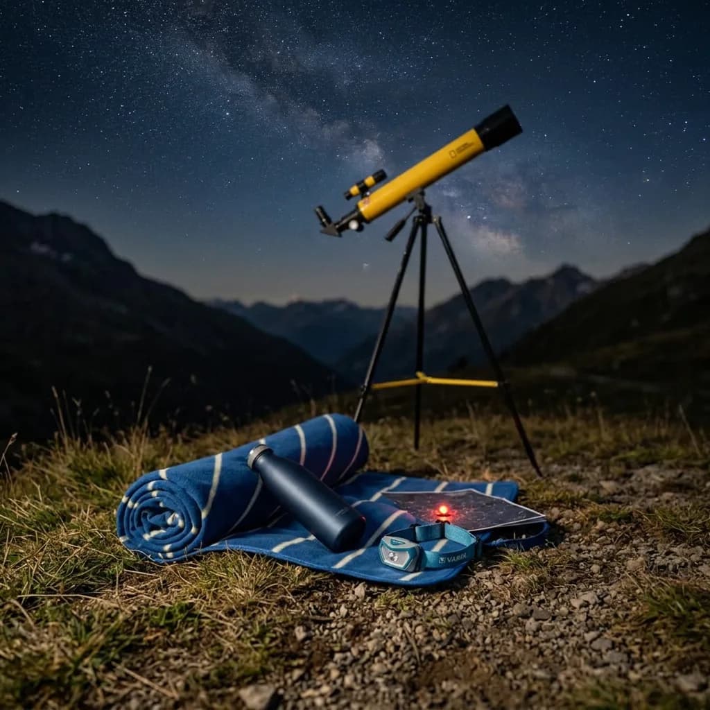 Sterne beobachten: Teleskop auf Stativ, blaue Decke, Thermosflasche, Stirnlampe und Sternenkarte auf einer Bergwiese bei Nacht.