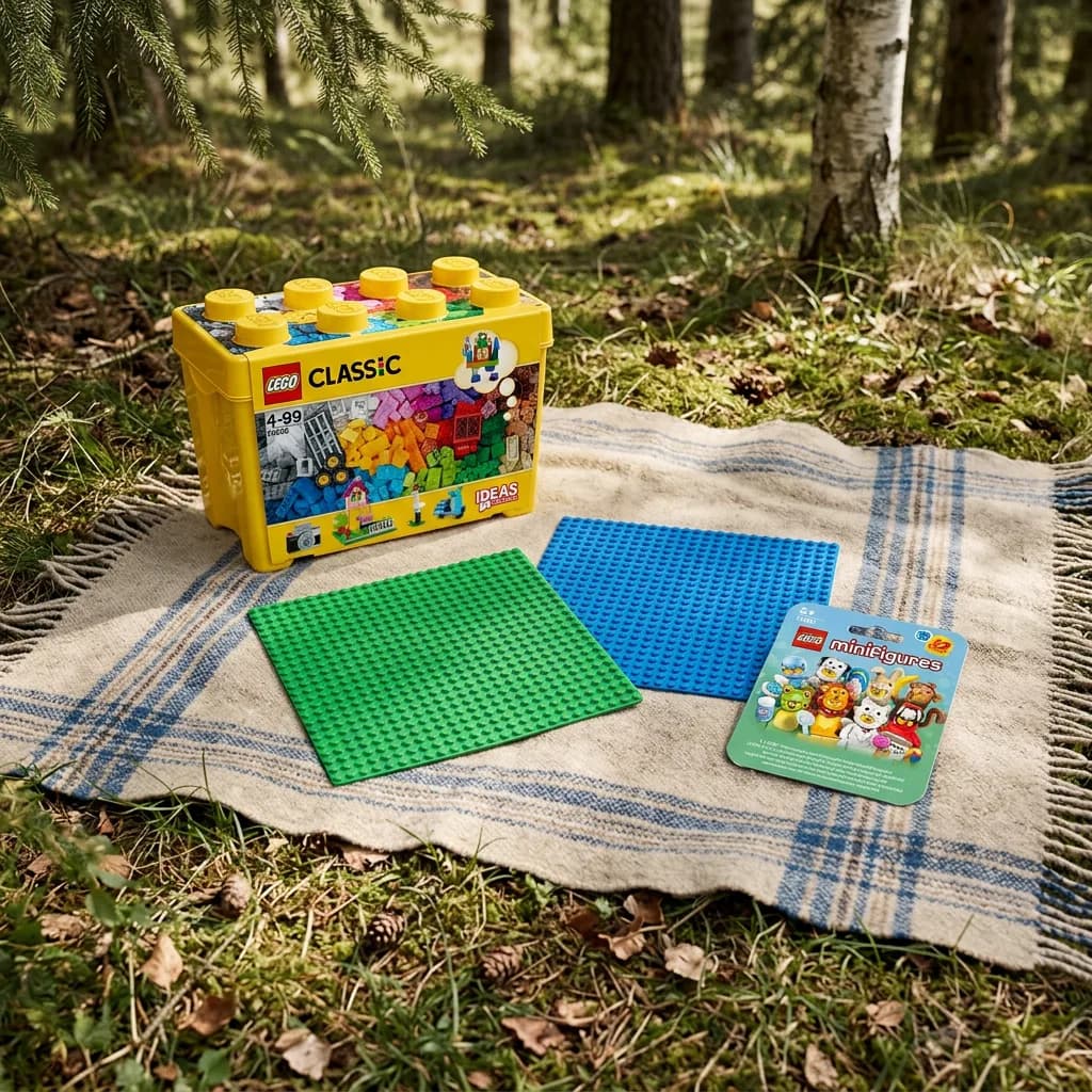 Lego-Nachmittag: Grosse Bausteine-Box, grüne und blaue Bauplatte sowie Minifigures-Tütchen auf einer Picknickdecke im Wald.