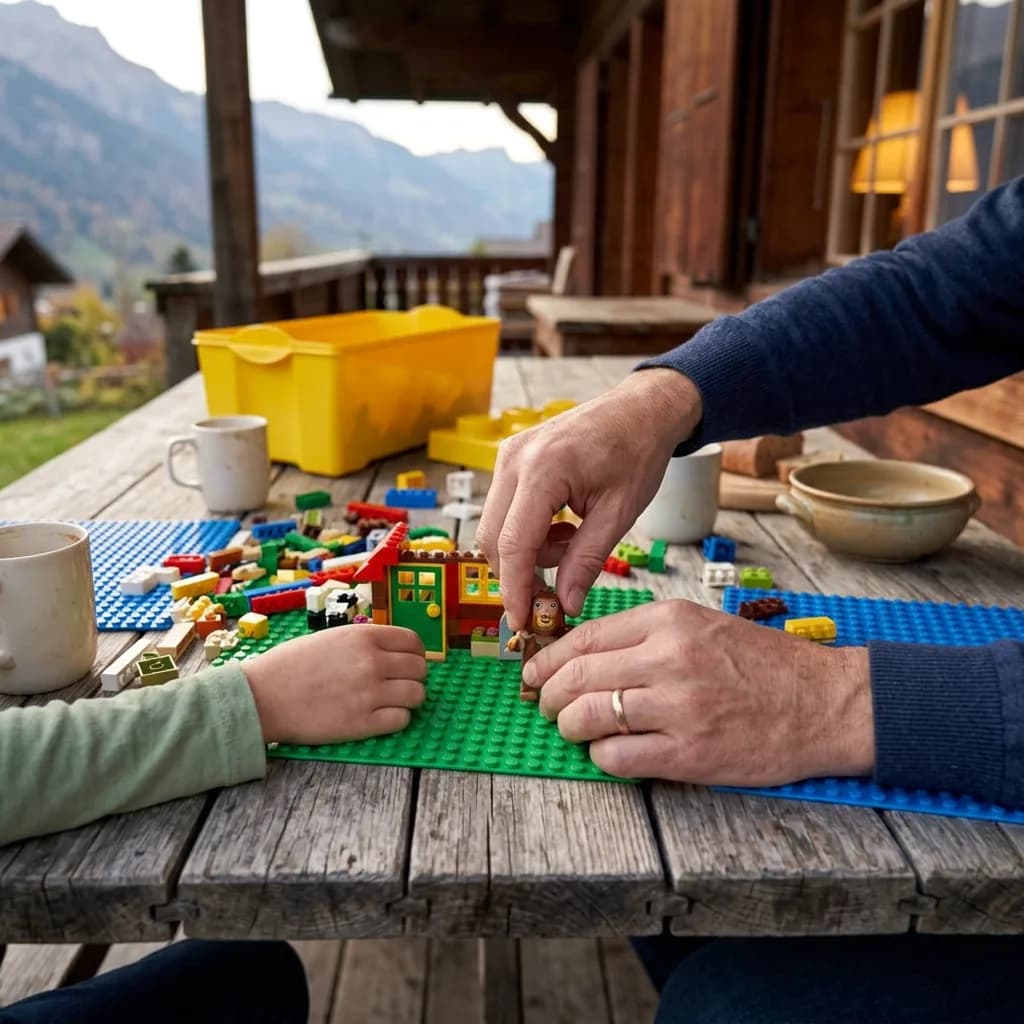 Lego-Nachmittag: Kinderhände und Erwachsenenhände bauen auf grüner und blauer Bauplatte, gelbe Steinebox und bunte Steine auf Holztisch, Bergkulisse.