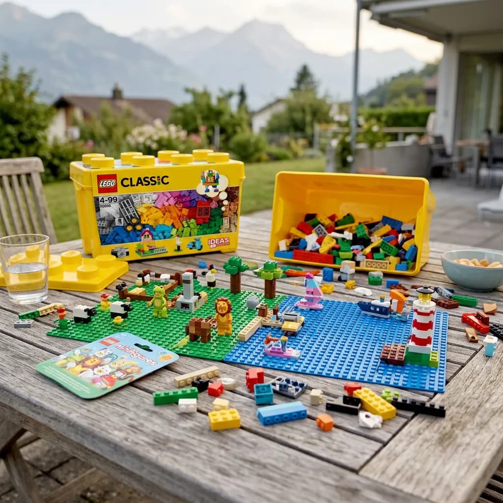 Lego-Nachmittag: Grosse Bausteine-Box, grüne und blaue Bauplatte mit Tierfiguren und Minifigures-Tütchen auf Holztisch, Berge im Hintergrund.