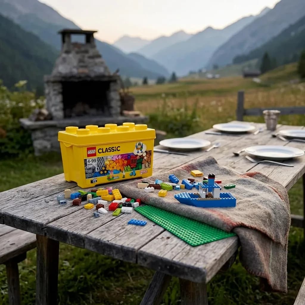 Lego-Nachmittag: Grosse Bausteine-Box, grüne und blaue Bauplatte mit bunten Steinen auf Holztisch, Bergpanorama im Hintergrund.
